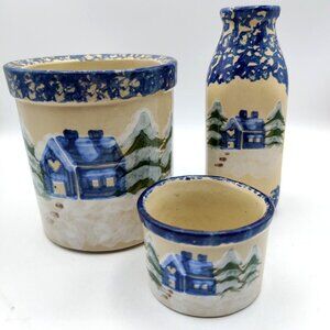 Alpine Pottery Ohio 1995 Blue Snow Cottage Hand Painted Winter Decor Set